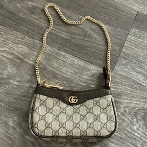 Gucci Beige and Brown Monogram Wristlet with Gold Chain